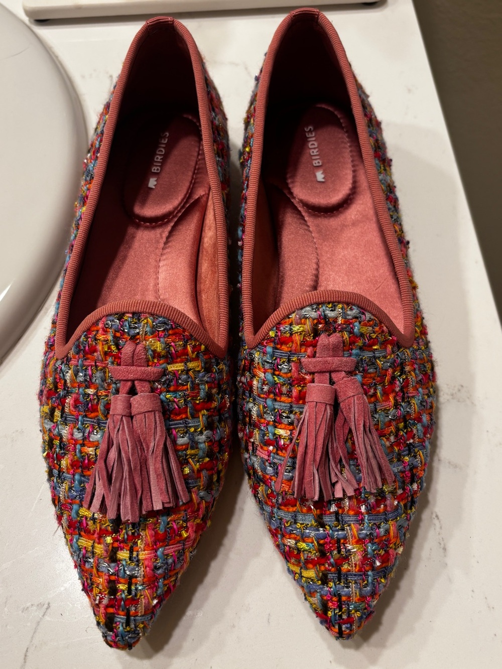 Birdies Multicolor Tweed Tassel Pointed Loafers with Pink Trim